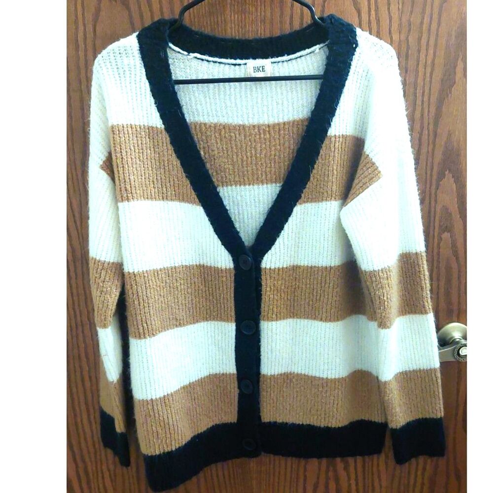 BKE Women's XS Striped Button Front Cardigan Sweater Cream Tan Black